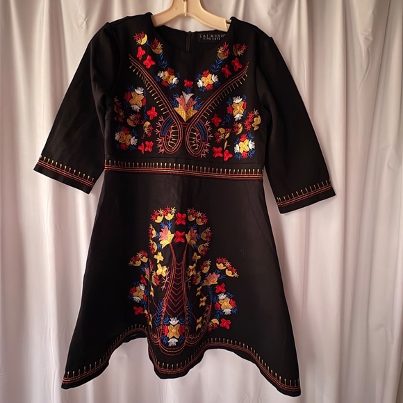 Lai Meng Five Cats Black Embroidered Flare Dress Zip Round Neck 3/4 Sleeve Large - Picture 1 of 11